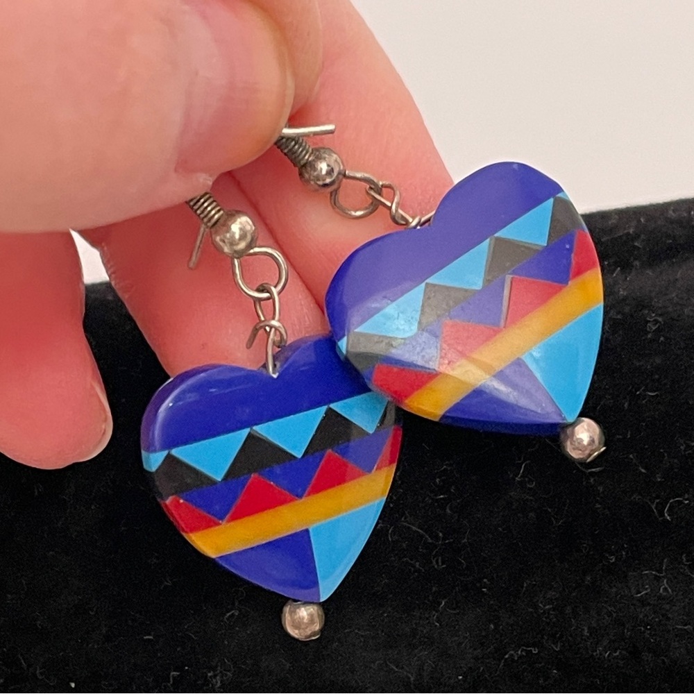 Vintage NATIVE AMERICAN Stone Inlay Valentine's Day Southwestern Heart Earrings